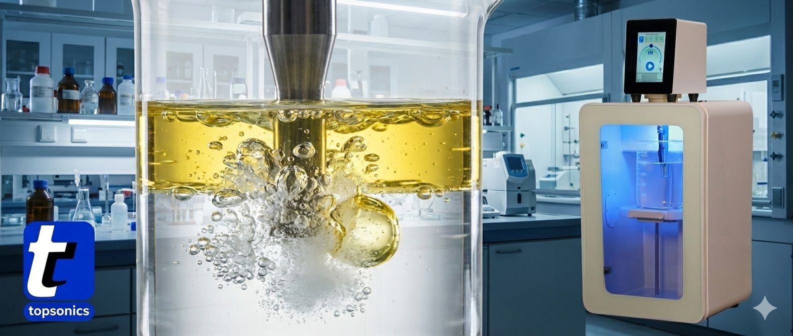 Schematic of acoustic cavitation bubble collapse breaking droplets in a laboratory environment - Topsonics
